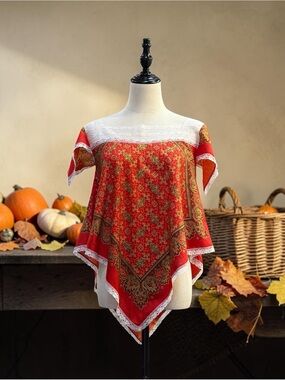 Vintage Bandana Print Peasant Top - Red & Gold Lace Trim - Made in Mexico